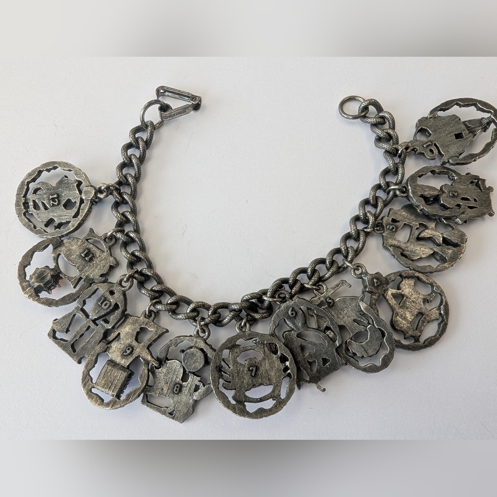 VTG FLORENZA SILVER TONE RHINESTONE ZODIAC CHARM BRACELET HEAVY - Picture 12 of 16